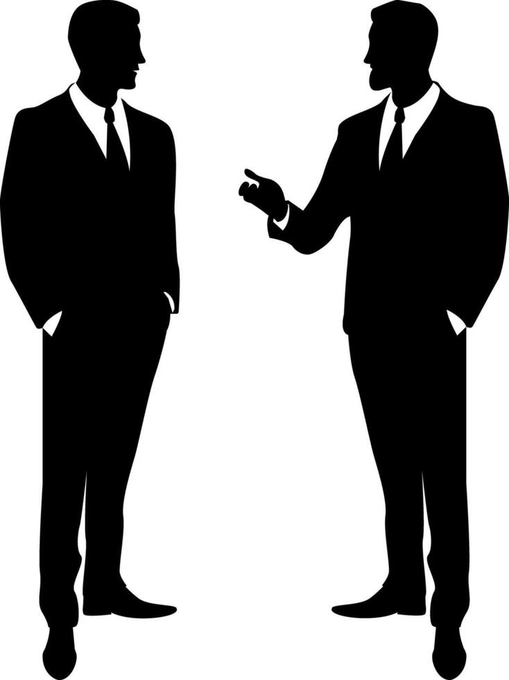 Silhouettes of men in business suits having a conversation. Black and white illustration vector