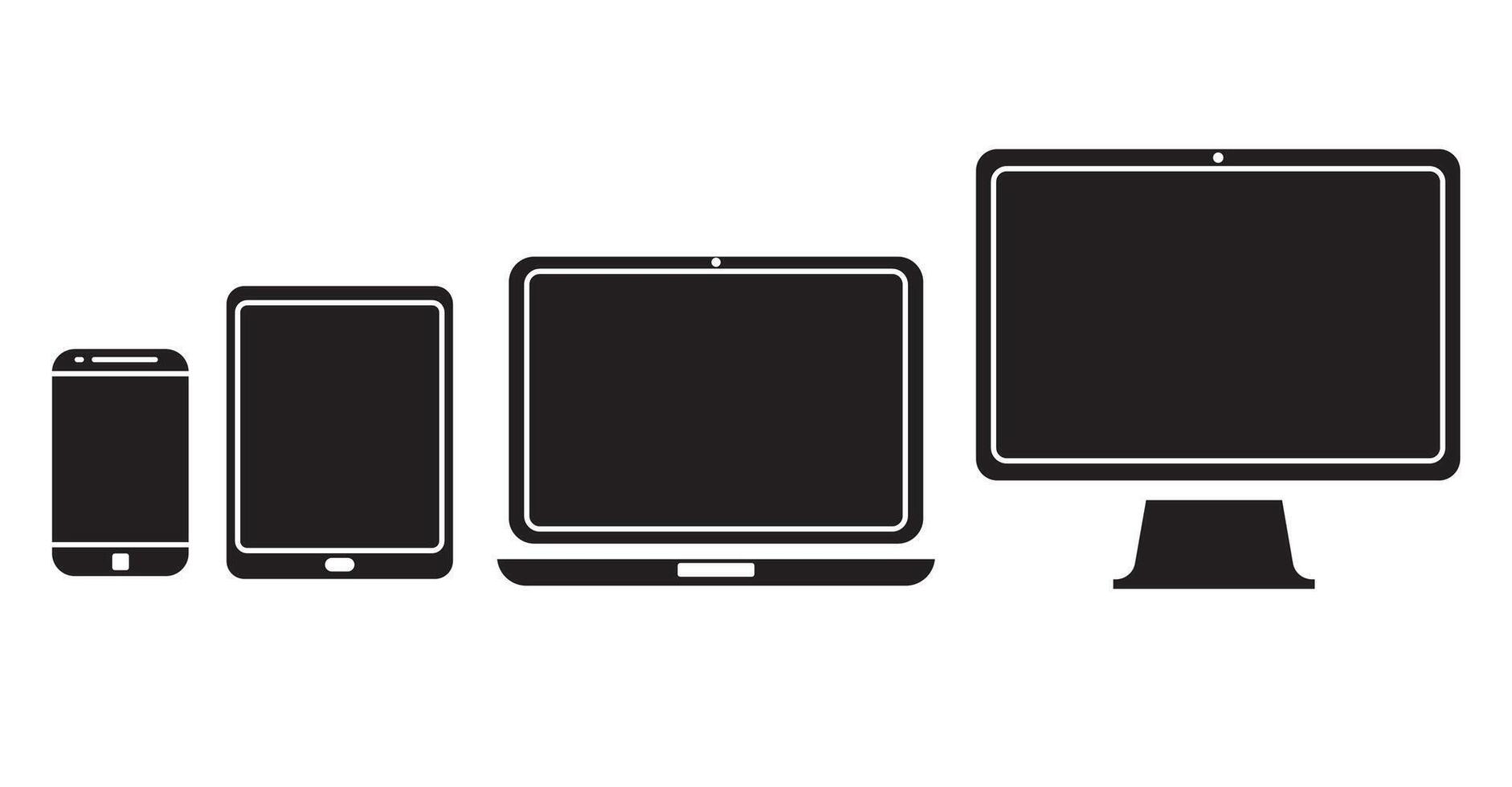 Set of device glyph icon.Laptop, Computer, Tablet and Smartphone. vector