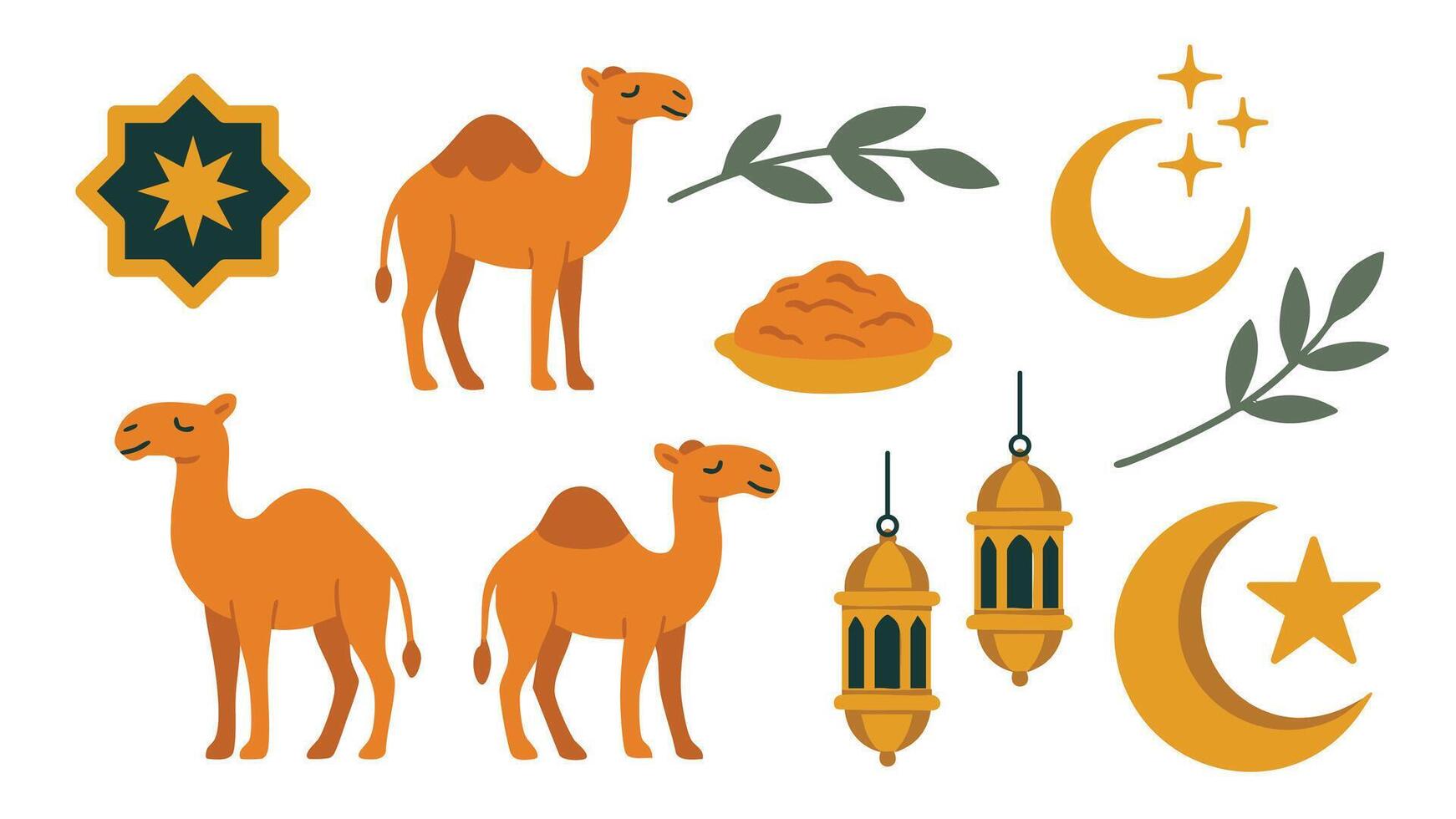 Eid al-Adha elements like camels, crescent moons, lanterns, food, olive branches, and Islamic patterns. vector