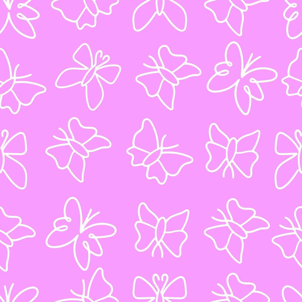 Seamless Butterfly Line Drawing Pattern isolated on pink background. illustration vector