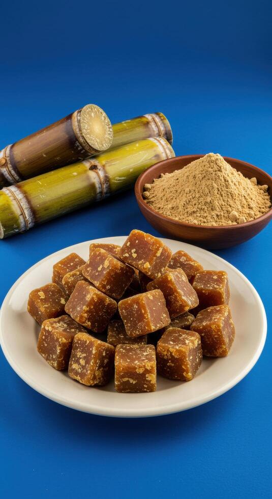Delicious sugarcane jaggery cubes and powder on blue background photo