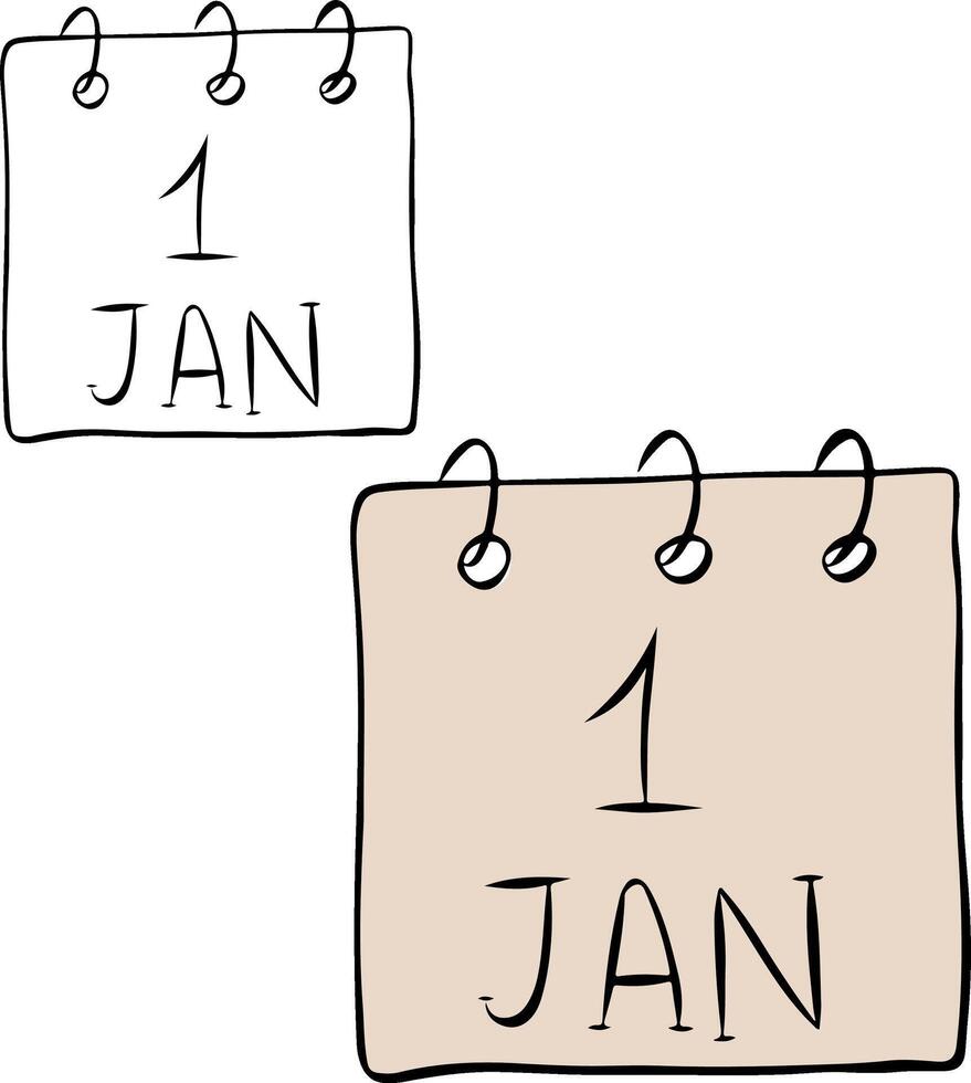 Calendar leaf 1st january isolated on transparent background. graphic line ink illustration. Perfect for cards, decorations, stickers, logo, menu, various designs. vector