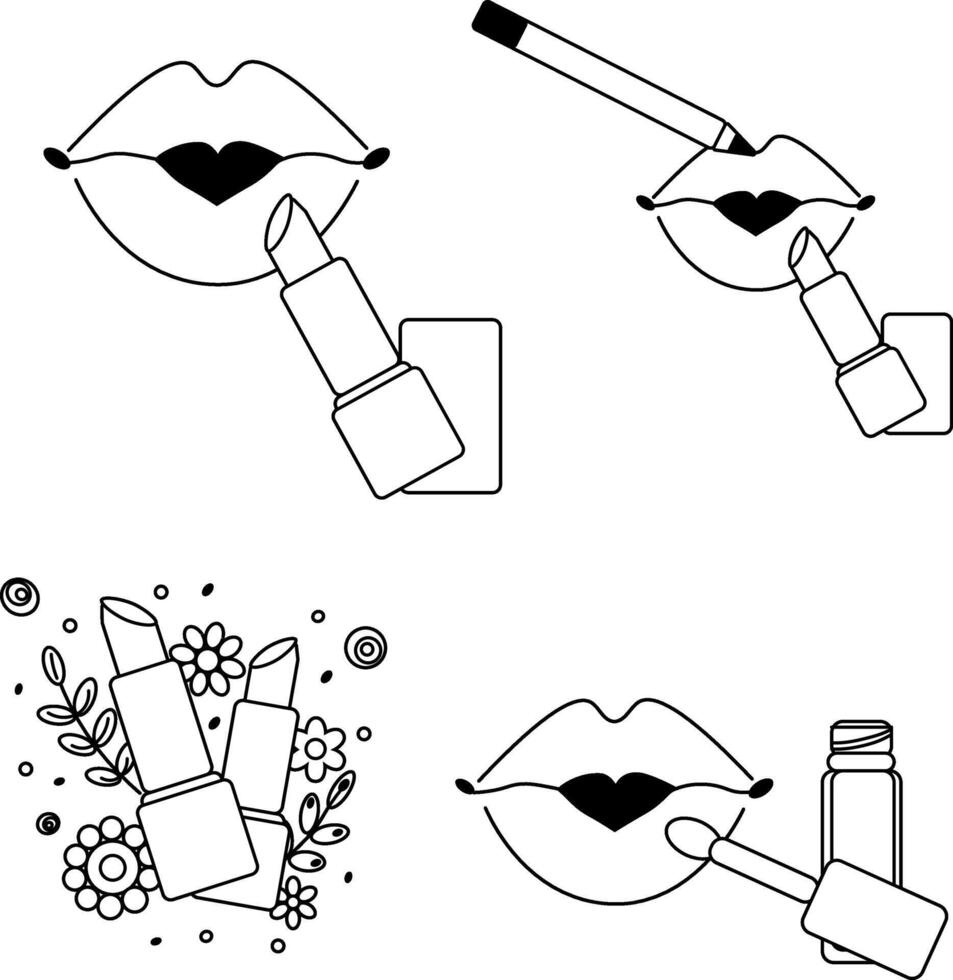 Lipstick lips makeup composition set. graphic line illustration. Black and white cute cosmetic makeup art. for package, vacation design, fabric and textile. vector