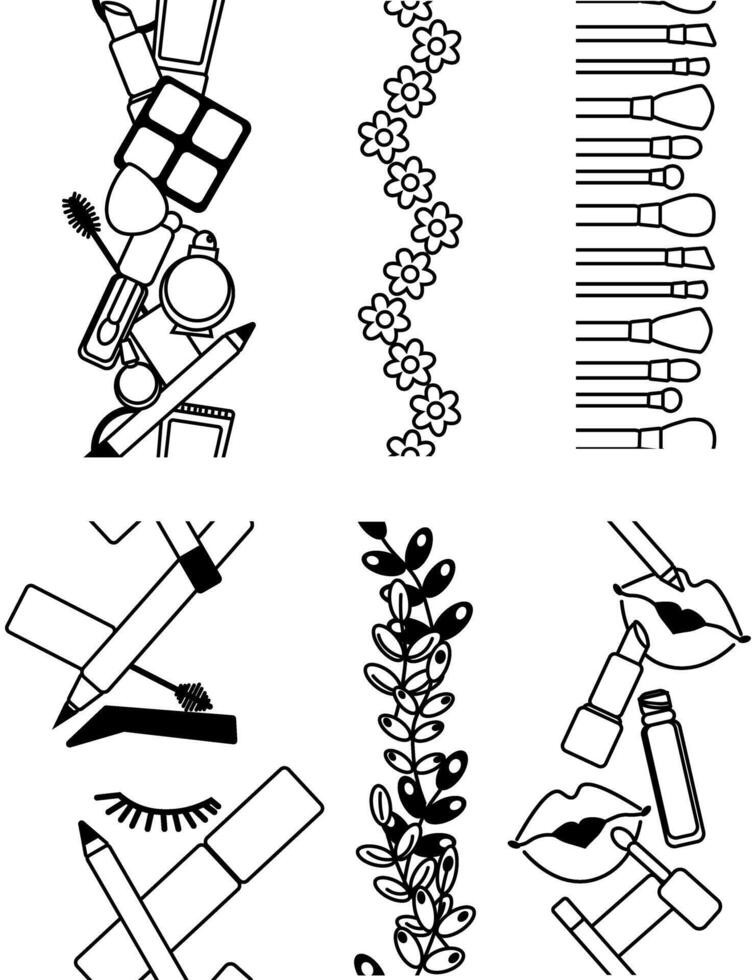 Decorative cosmetics set seamless border vertical. graphic line illustration. Black and white cosmetic makeup art. Layout with makeup products for visage. For logo, web, package, sticker. vector