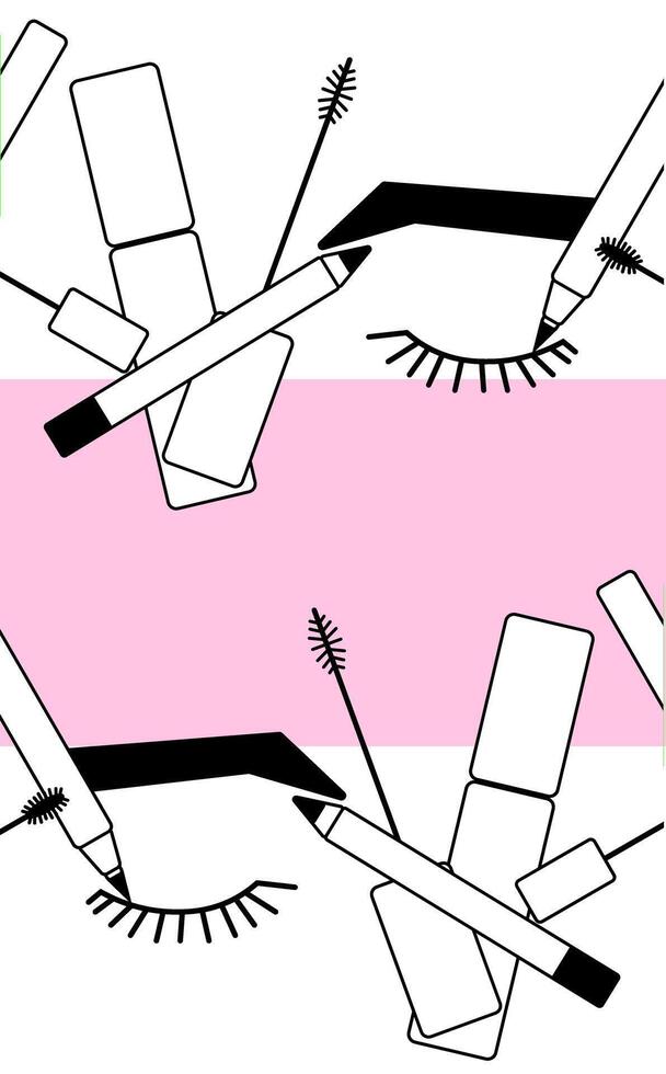 Eye makeup mascara tools seamless border horizontal frame template. graphic line illustration. Black and white cosmetic makeup art. Banner, poster, wrapping paper, sticker, print. vector