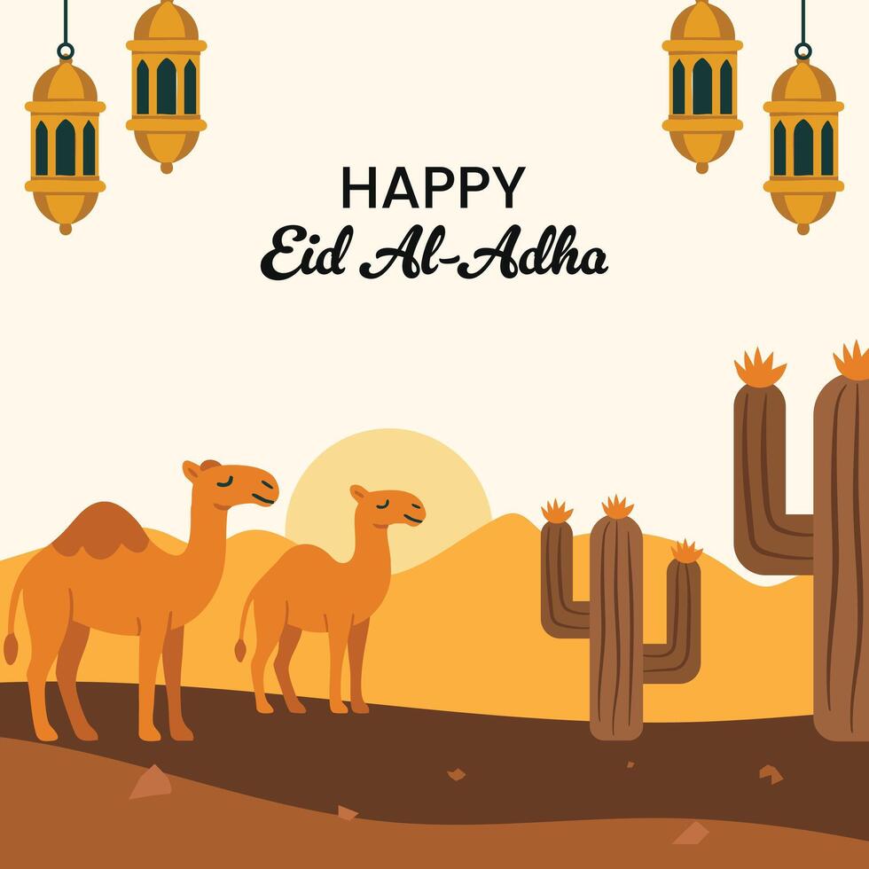 Happy Eid Al-Adha Greeting with Camels and Desert Cactus Illustration vector