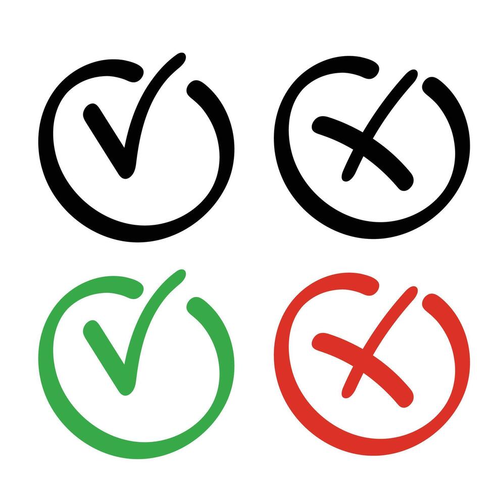 Checkmark icons hand drawn blue,green,black and red right and wrong choices symbol. illustration vector