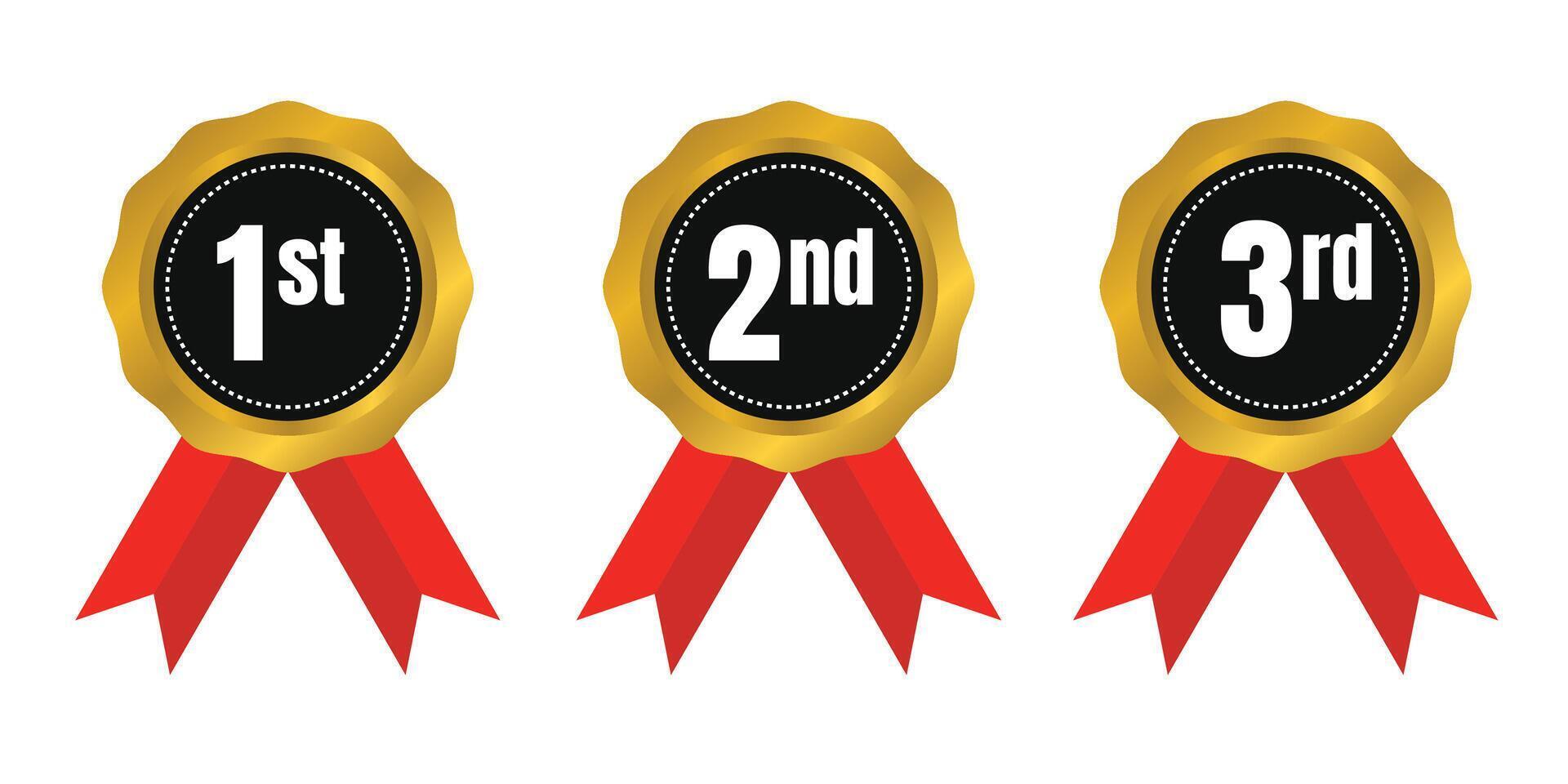 First, Second, and Third Place Badges with Red Ribbons. illustration vector