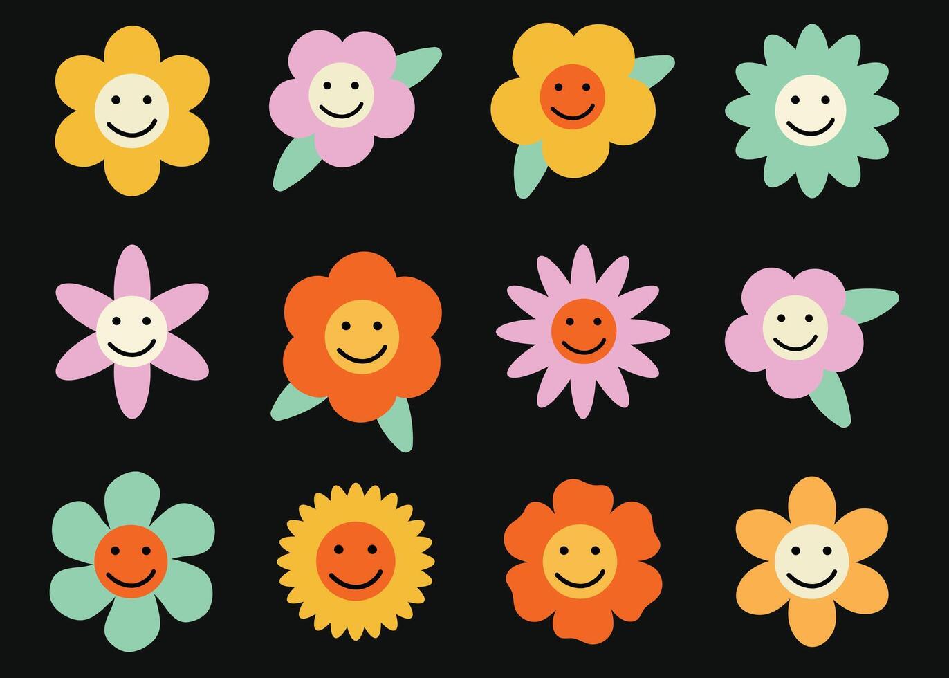 Groovy flowers colorful smile face flat collection. 70s, 80s, 90s vibes plaid background. vector