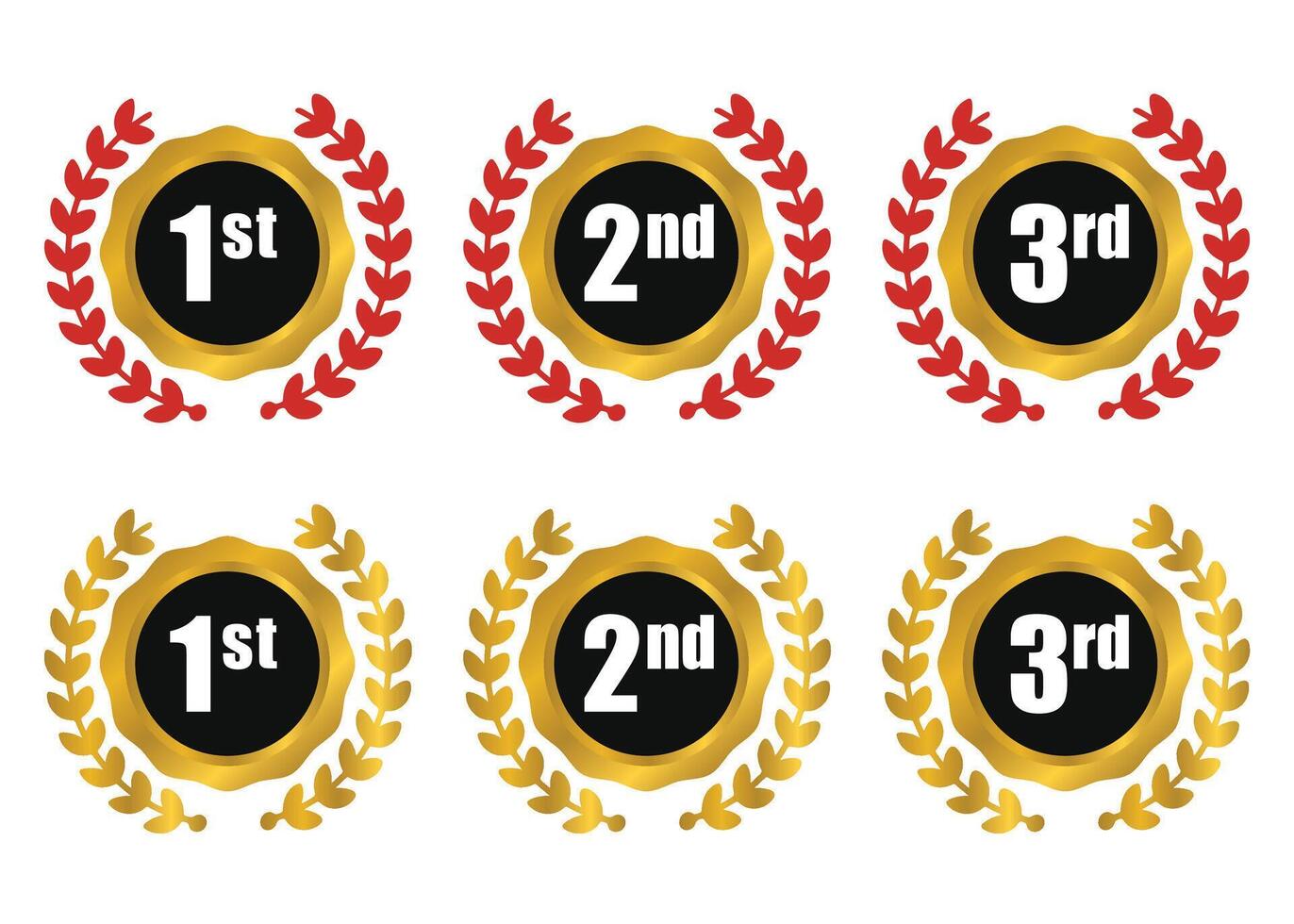 A set of gold and red laurel wreath medal badges for 1st, 2nd, and 3rd place. illustration vector