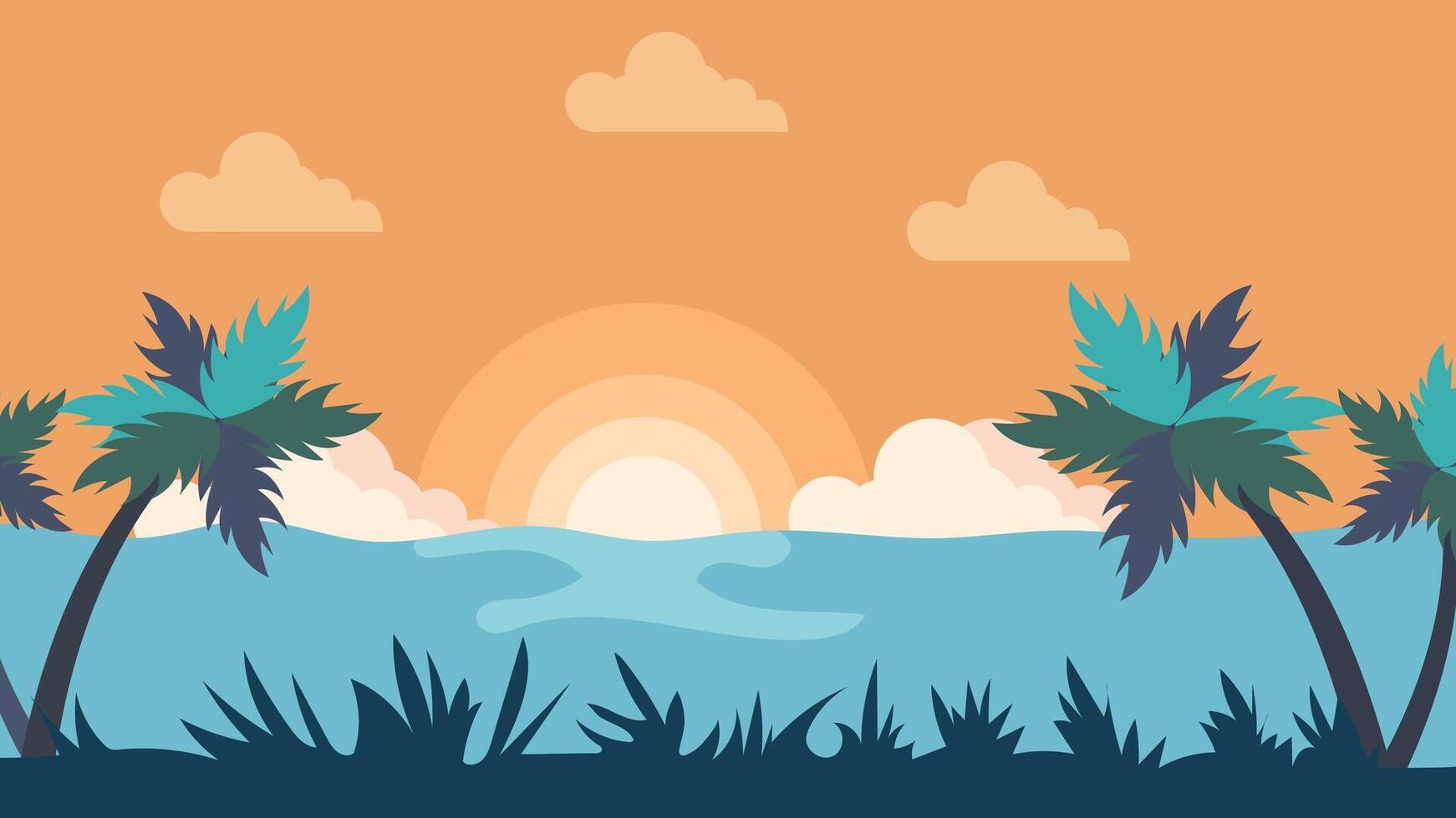 Tropical beach scene with palm trees, ocean waves, and a sunset against a warm orange sky. vector