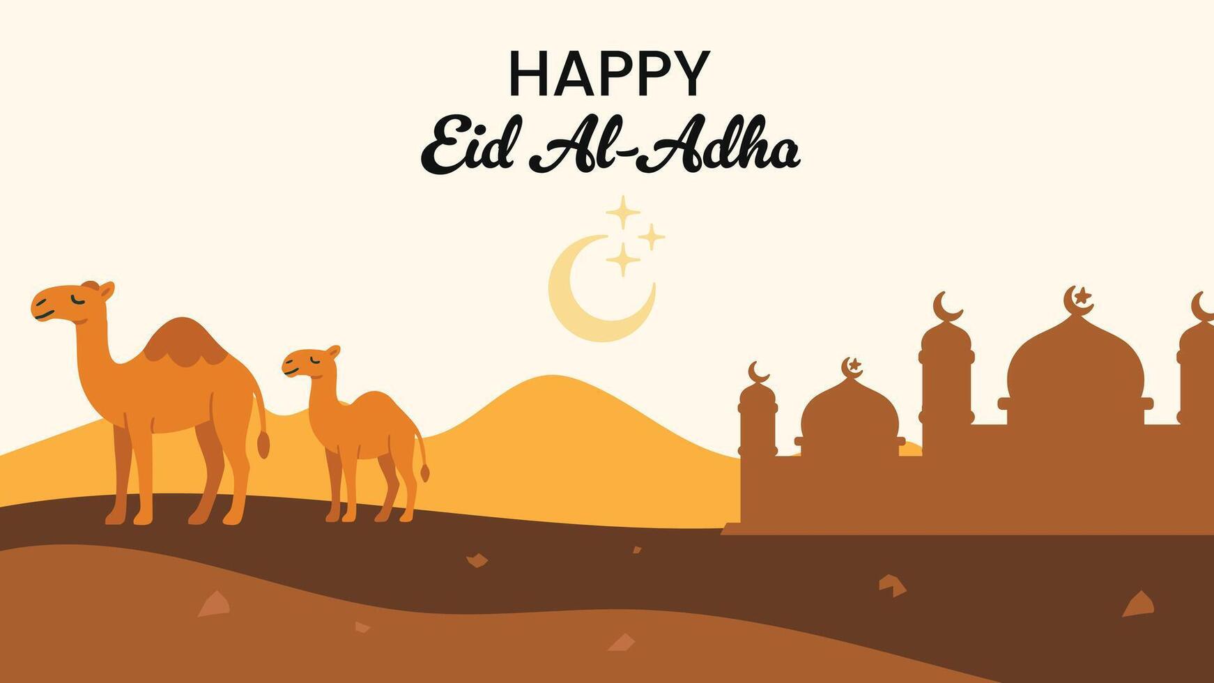 Eid Al-Adha Camel in Desert with Mosque Silhouette Illustration vector