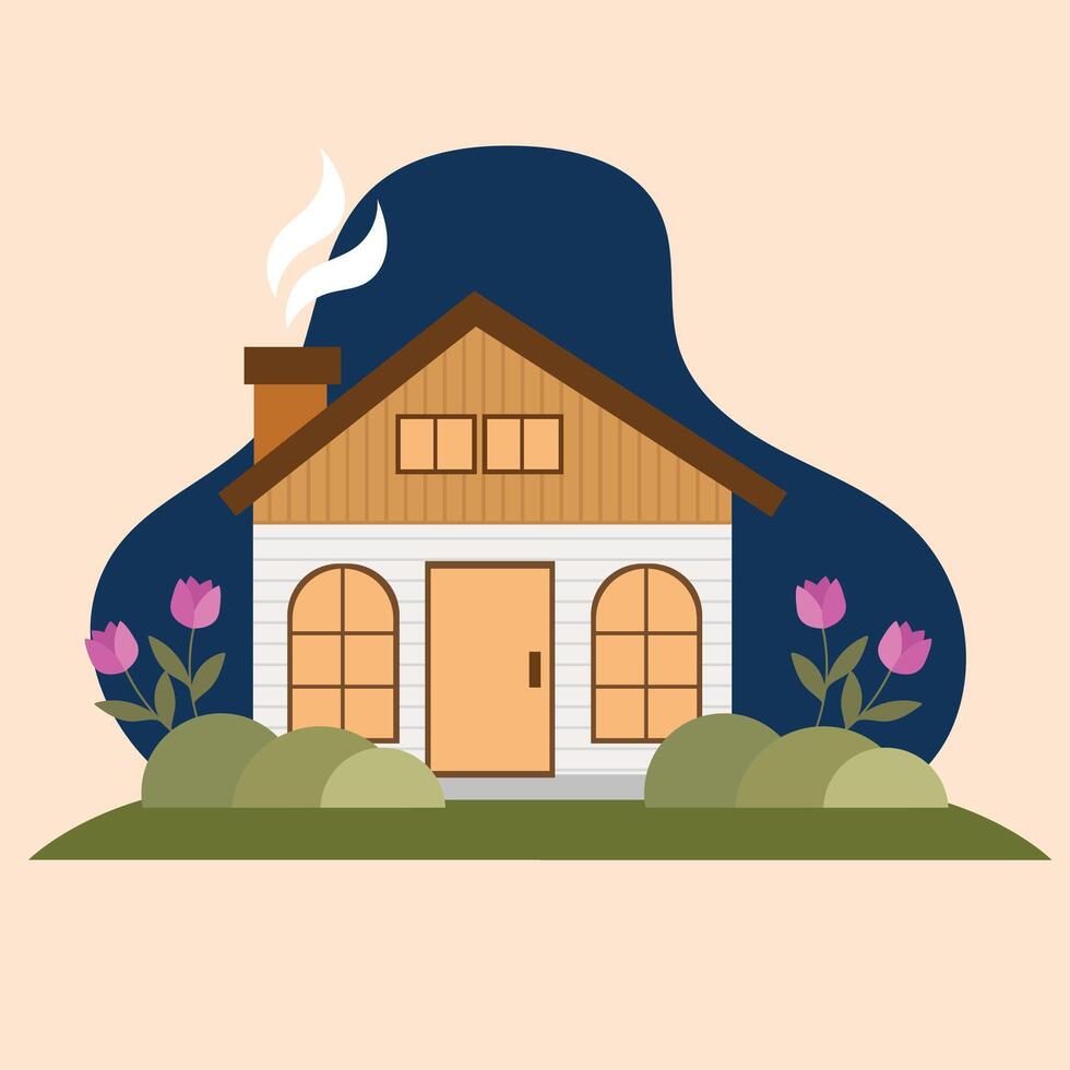 Wooden house cottage with a sloped roof and a warm, inviting door illustration vector