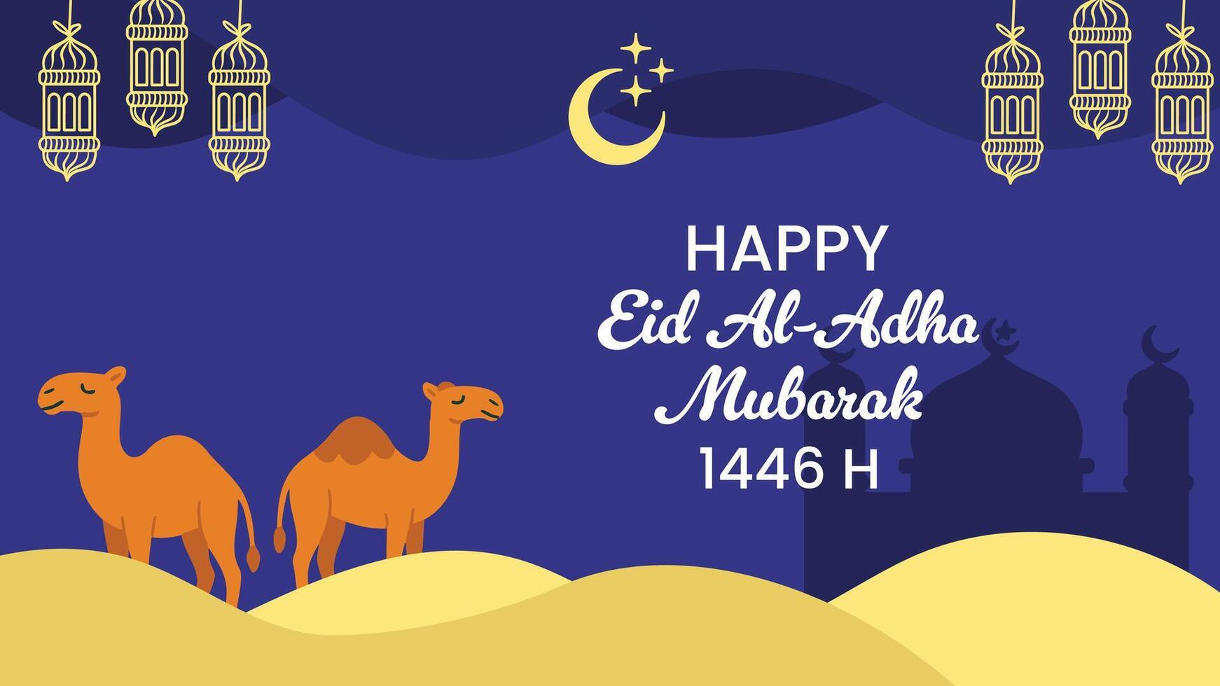 Eid Al-Adha Greeting with Camels, Lanterns, and Mosque Silhouette on Blue Background vector