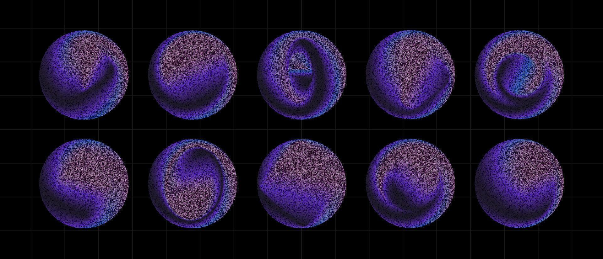 Set of abstract 3D shapes in stippling style. Colorful dotted spheres with gradient shading on dark grid background. Futuristic, textured elements for digital design. vector