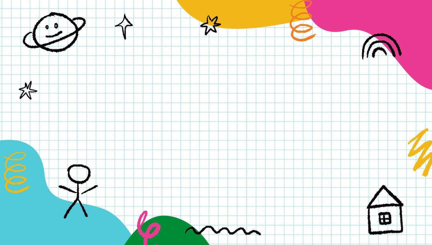 A vivid background with children's hand-drawn figures and doodles. A template for kindergarten and elementary school. Kid's chalk, crayon scribbles. vector
