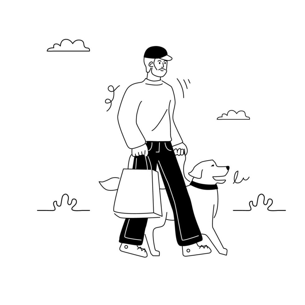 A middle-aged man walks with his dog. The retriever and its owner move together. A hand-drawn black and white illustration. vector