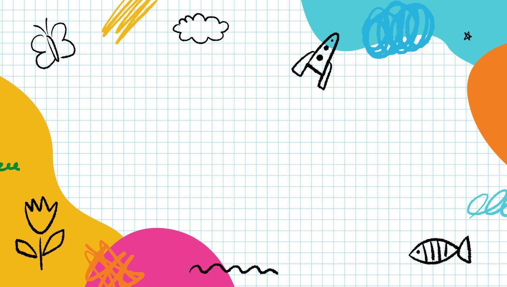 Various children's doodles and drawings on vivid background. Kindergarten and preschool template design. Crayons and chalks figures. vector