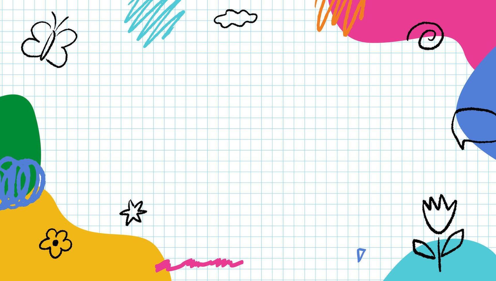 Diverse children's drawings, naive doodles on a vivid background. Backdoor design template for kindergarten and elementary school. Hand-drawn figures with crayons and chalks. vector