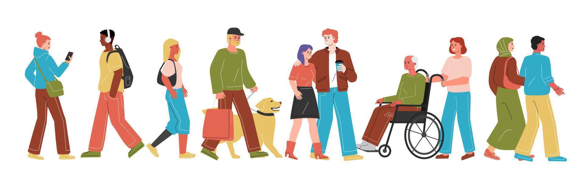 A crowd of multiracial people walking and talking. Couples, singles, a man with a dog, a girl with a phone, an elderly man in a wheelchair. The diverse society concept. vector
