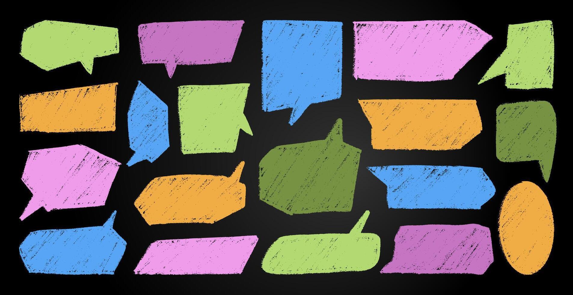 A collection of vivid hand-drawn chalk speech ballons on a blackboard. Dialog balls for text. Design elements for memo and messages. vector