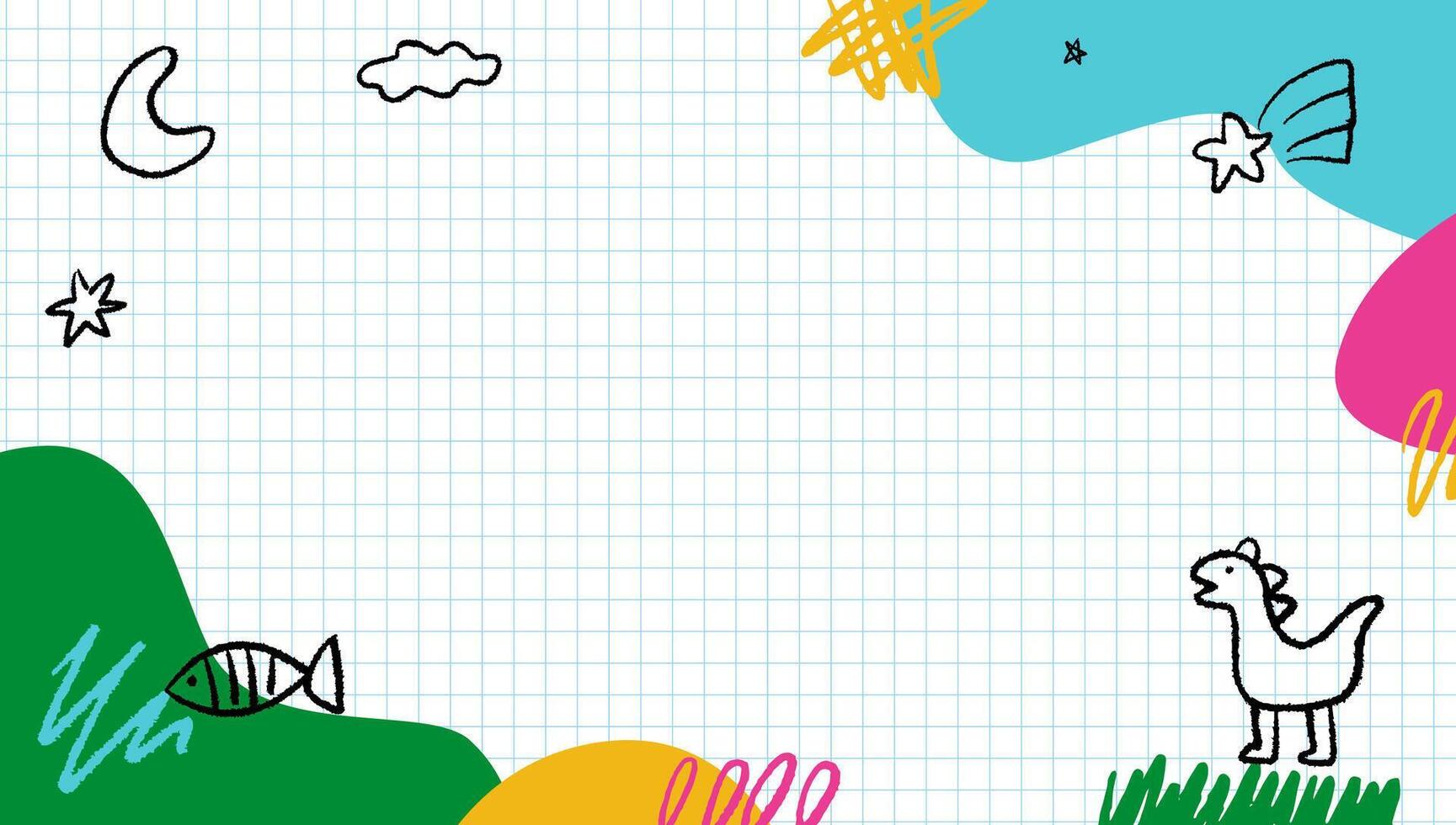 Kid's hand-drawn drawings on a colored background, template design with a variety of naive sketches, chalk and crayon figures. Composition for kindergarten and preschool. vector