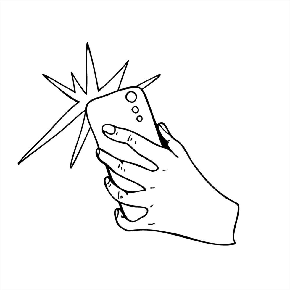 Hand holding smartphone back view with flash icon monochrome illustration painted by black inks. For selfie concepts, blogging tutorials and social media content, and tech related projects vector