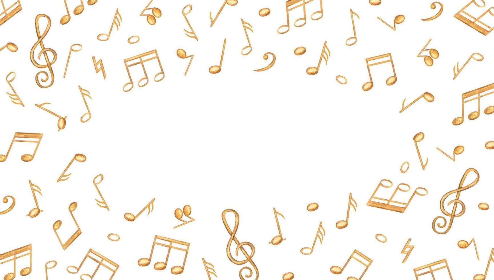 Musical notes horizonal border with empty space for text. Golden sound symbols in watercolor style isolated illustration. Audio element rectangle frame for elegant invitation, holiday concert program vector