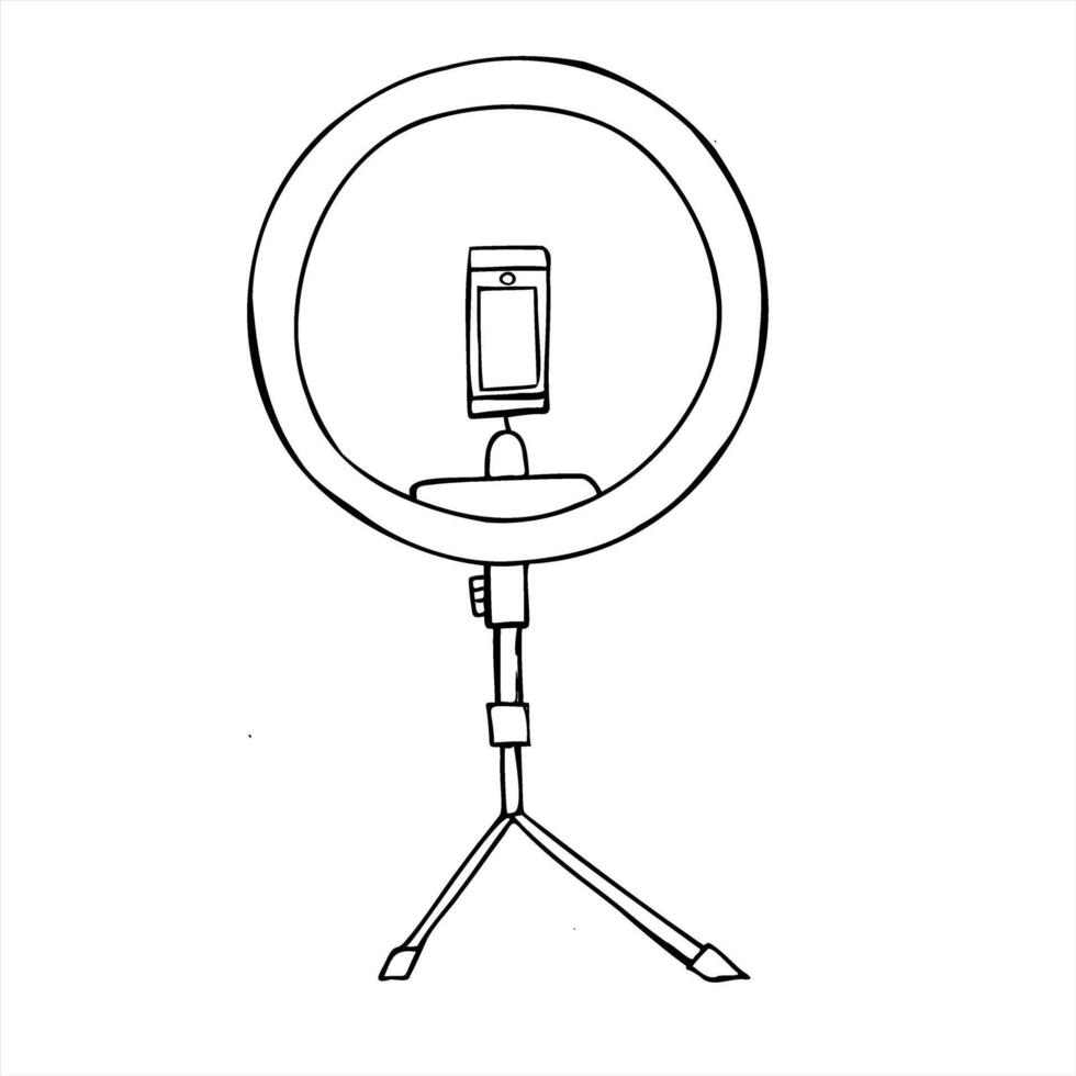 Ring shaped desk lamp minimalist illustration painted by black inks. Home equipment for filming vlog, report and videos line art black ink sketch for photography tutorial, social media content vector