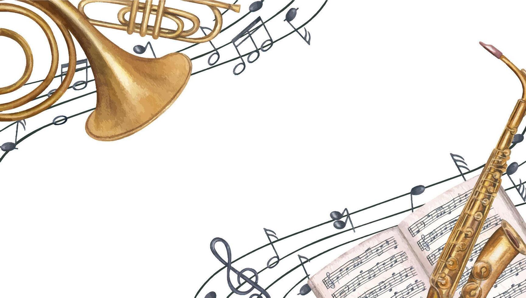 Musical frame with French horn, saxophone, sheet music book, and staff notes. Watercolor illustration isolated background. Empty space for text. For invitations, certificates, event programs vector