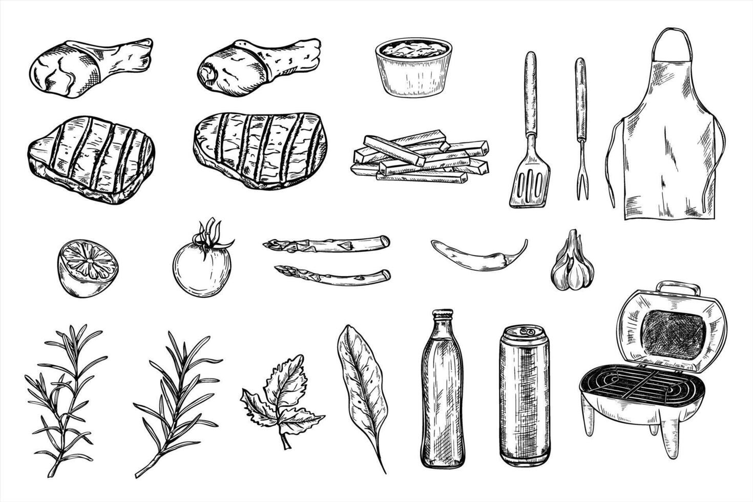 BBQ set with grilled meats, chicken, vegetables, and cooking tools line ink illustration in black and white. Raw chicken lower legs graphic sketch for BBQ menus, summer event, family gathering vector