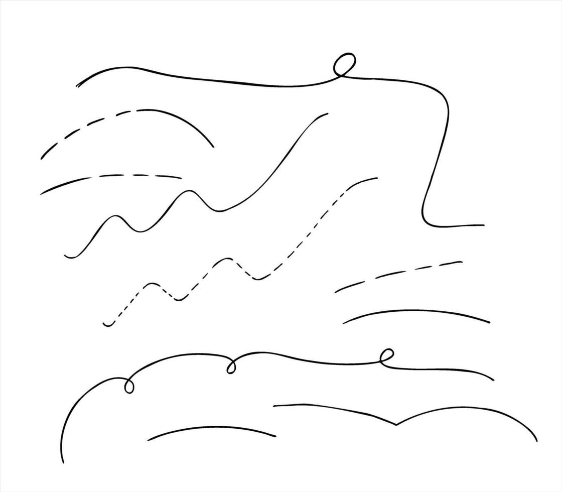 Monochrome lines set line art black ink sketch. Solid, dashed, wavy curves flat for business graphics, data visualization, creating charts, infographics, and motion paths. vector