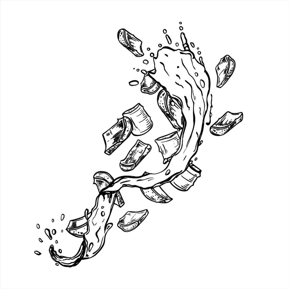 Dynamic monochrome illustration of water splash with aloe leaf slices flying. Combines organic and hydro elements etching drawing for premium skincare branding, facial care packaging vector
