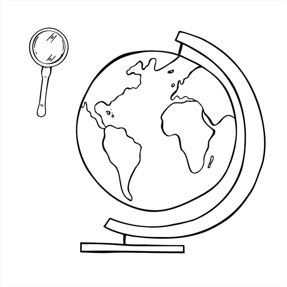 Magnifying glass and globe with continents set monochrome line art black ink sketch. Geography and research. For travel blogs, educational materials, and geography projects vector