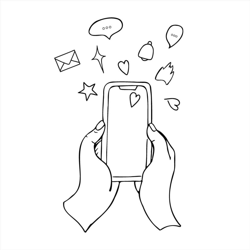 Hands holding smartphone with flying heart, bell, star icons monochrome illustration, Hand drawn sketch for blogging concept, social media presentation, and digital communication design vector