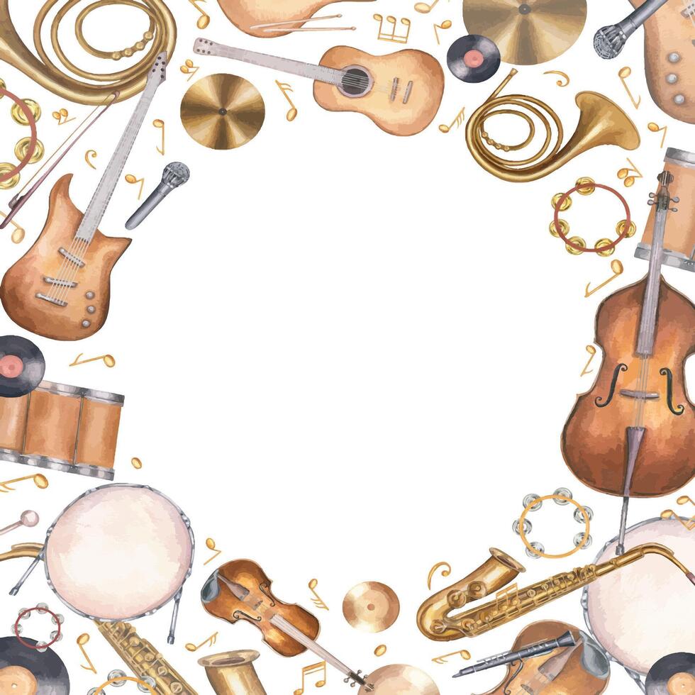 Square watercolor frame with musical instruments and notes, with blank space for text. Guitar, drum, bass, saxophone, violin illustration isolated background. For music invitations, certificate. vector