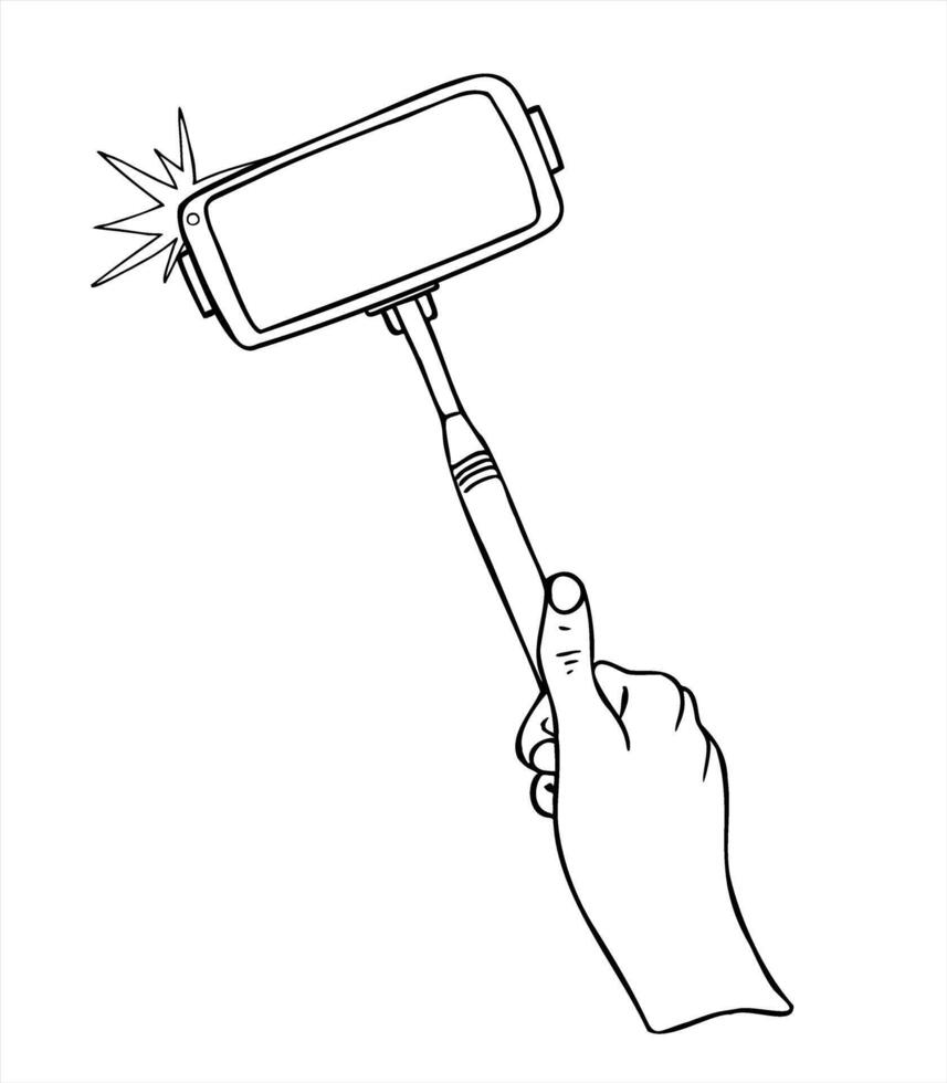 Hand holding monopod with smartphone and flash icon monochrome illustration painted by black inks. Etching drawing of blogging tool for photography tutorials, social media content, vlogging vector