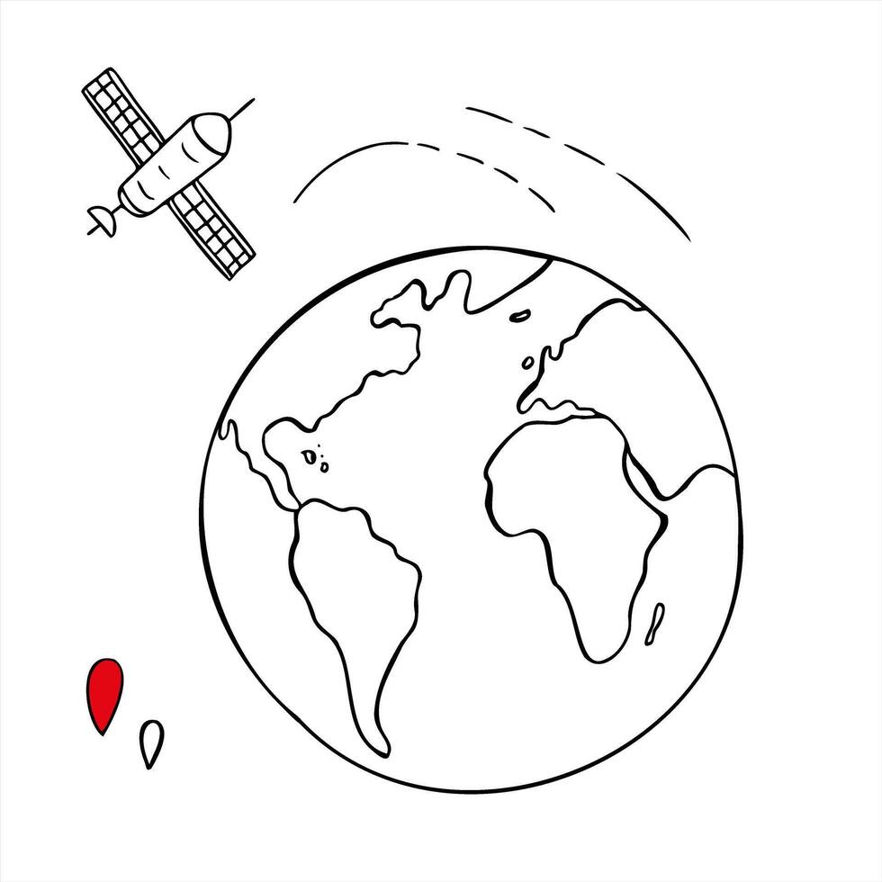 Earth globe, space satellite and location icons set line art black ink sketch. Navigation system for communication monochrome flat for internet, telecom, blogging concept, digital projects vector