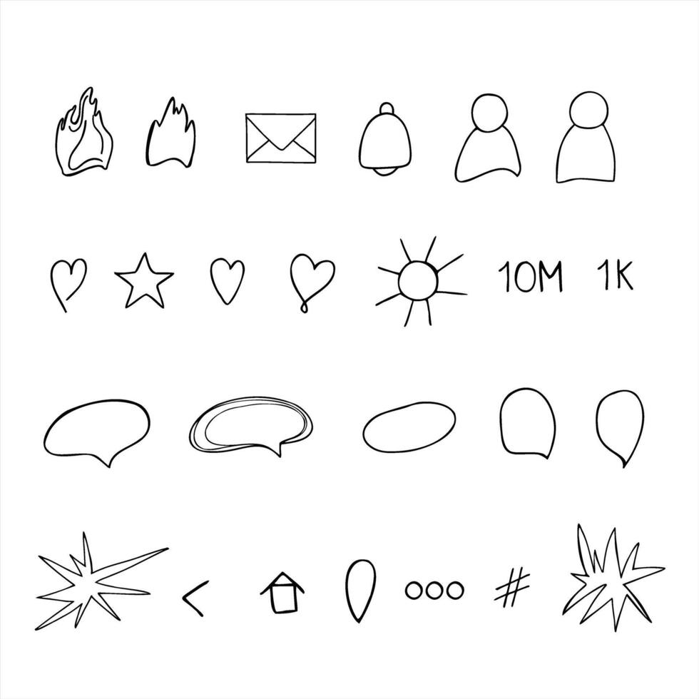 Minimal monochrome icon set for social media messaging painted by black inks. Hearts, flames, bells, envelopes and text bubbles line art sketch for UI design, chat interface, communication app vector