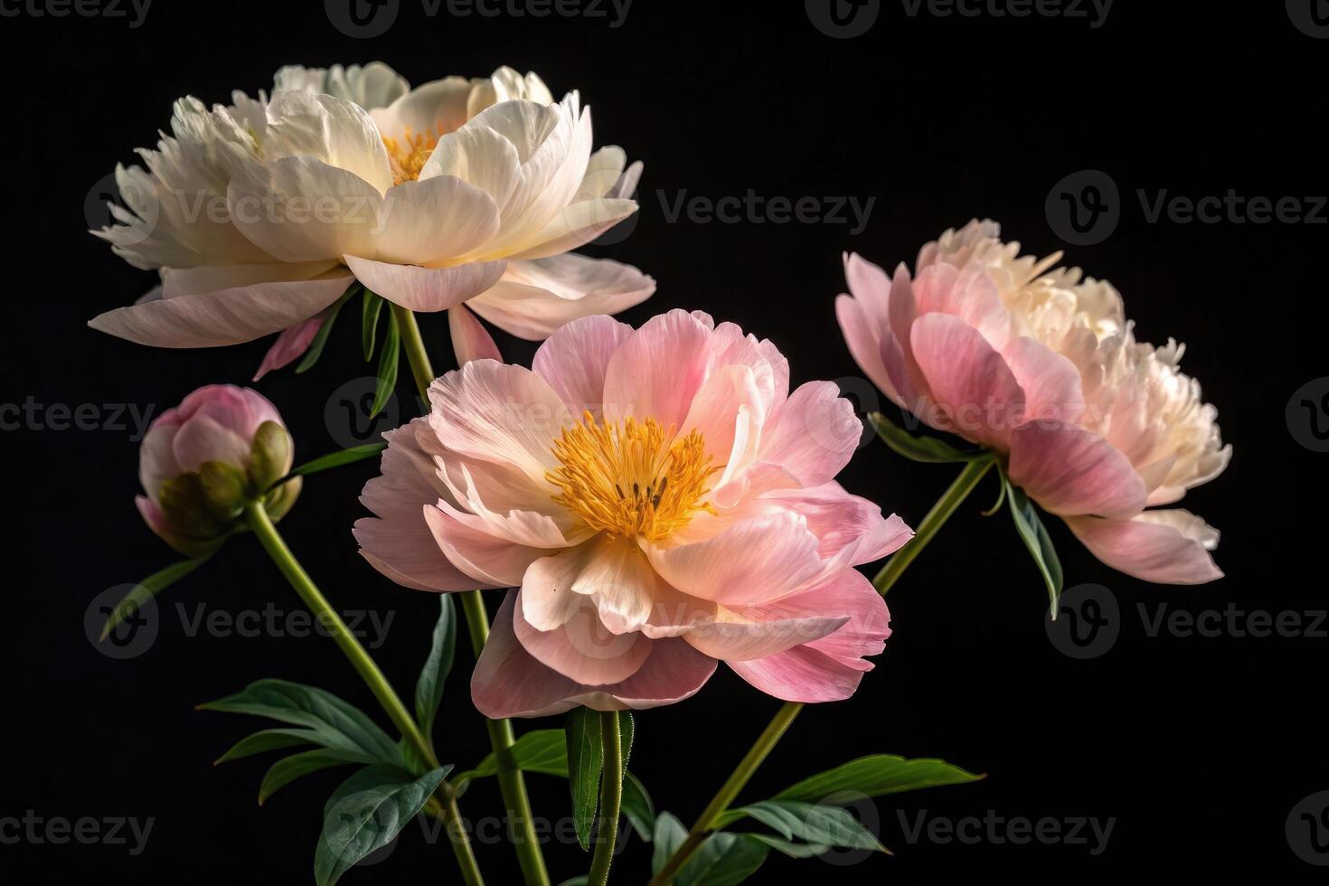 Pastel peonies blossoming in ultra wide macro shot photo