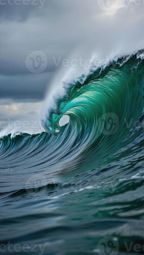 Ocean wave curls and crests dramatically against a cloudy sky photo