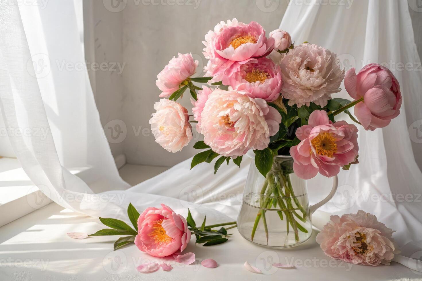 Blush peony bouquet in studio ultra macro shot with soft light, floral still life photo