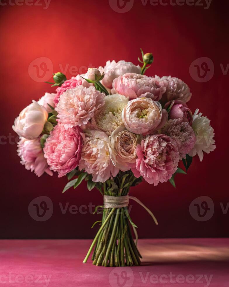 Lush pastel peony bouquet, tied with raffia, sits against deep red background photo