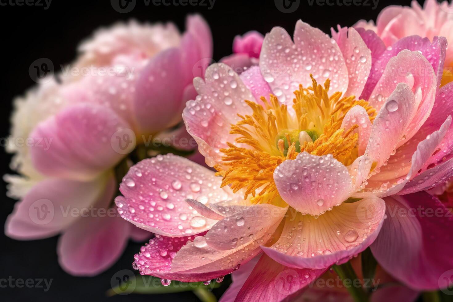 Ultra macro of multicolor Peonies with water droplets glistening on petals photo