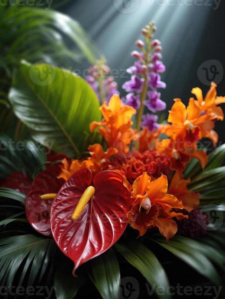 Arrangement of tropical flowers features Anthurium, Orchids, and other exotic blooms photo