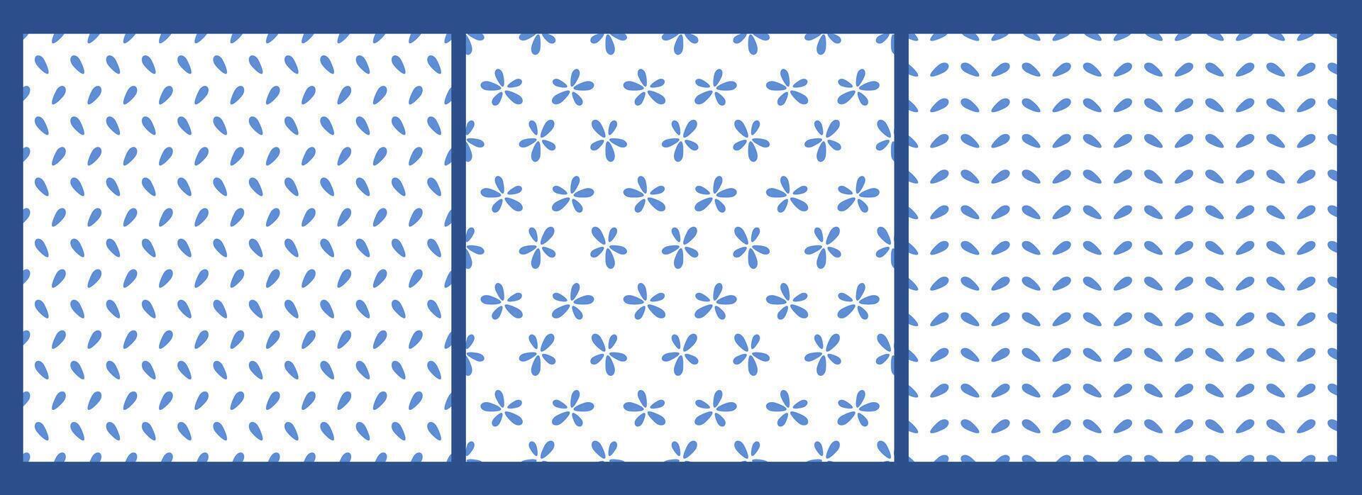 Set of abstract floral seamless patterns. Simply blue plants and bunch of flowers on white background. Doodle hand drawn nature signs. Minimalistic templates. vector