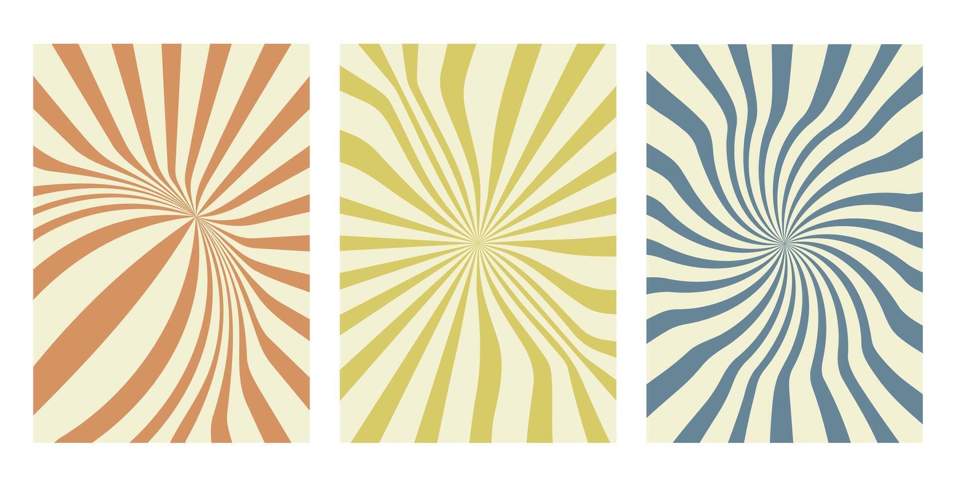 Groovy backgrounds set. Abstract cards with rays of sun, distorted wavy lines, circles, warped streaks. Hand drawn retro posters in style of 60s, 80s, 70s. Hippie design. illustration vector