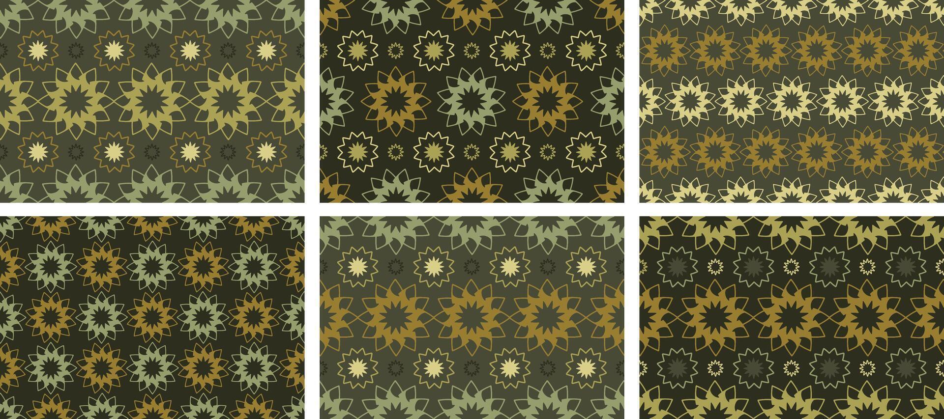 Arabic seamless patterns set. Eastern Texture with golden arabic and islamic ornament. Horizontal colour rhombus, geometric shapes, abstract flowers. Traditional oriental elements. vector