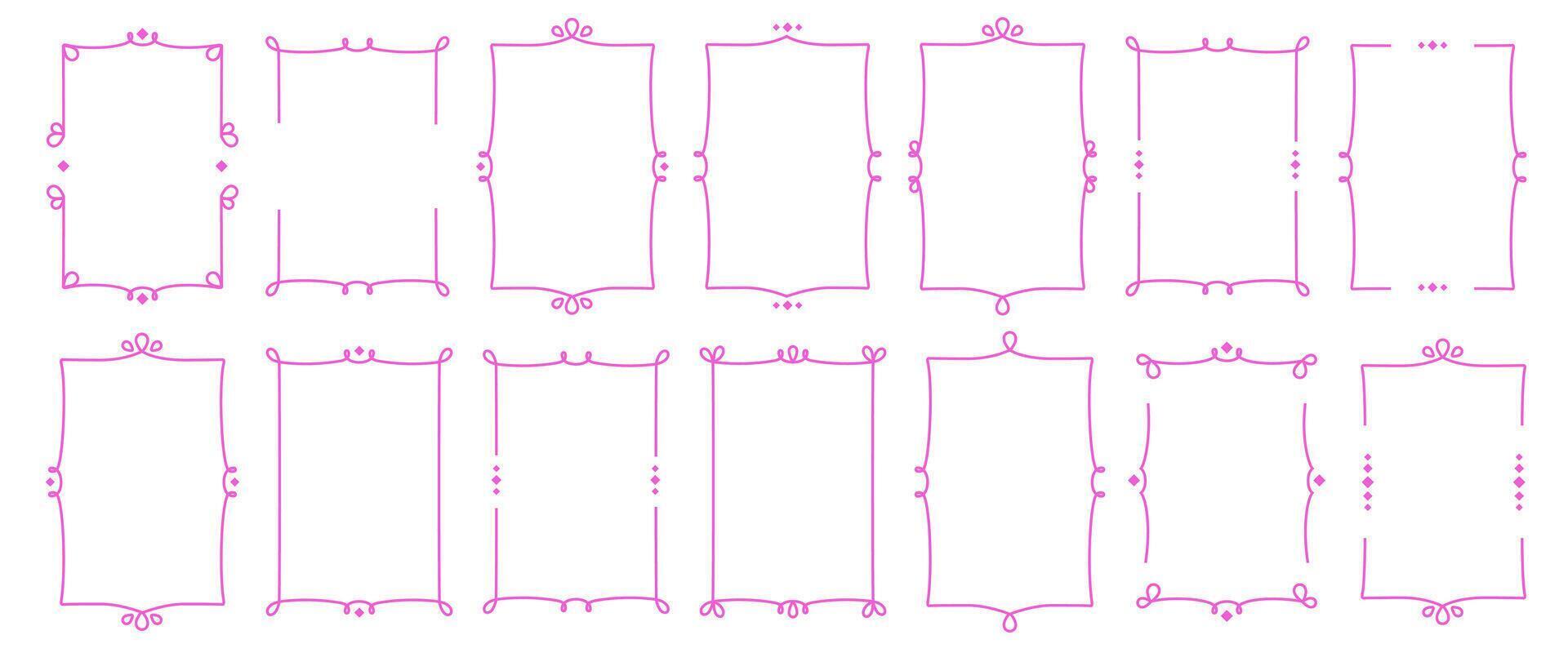 Doodle Hand drawn vintage frames. Text border with square, circle, rectangle, oval shape. Pink Elegant line art borders. illustration for vignette, stamp, wedding invitation, birthday card vector