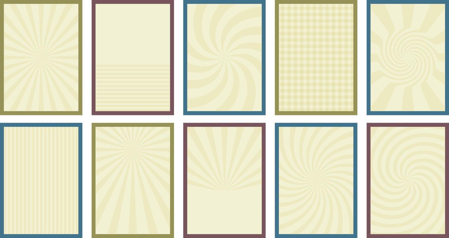 Set of retro backgrounds in style of 60s, 80s, 70s. Hand drawn Groovy arts. Hippie flyers.Abstract Trendy card with rays of sun, circles, lines. Nostalgia for vintage time. illustration vector